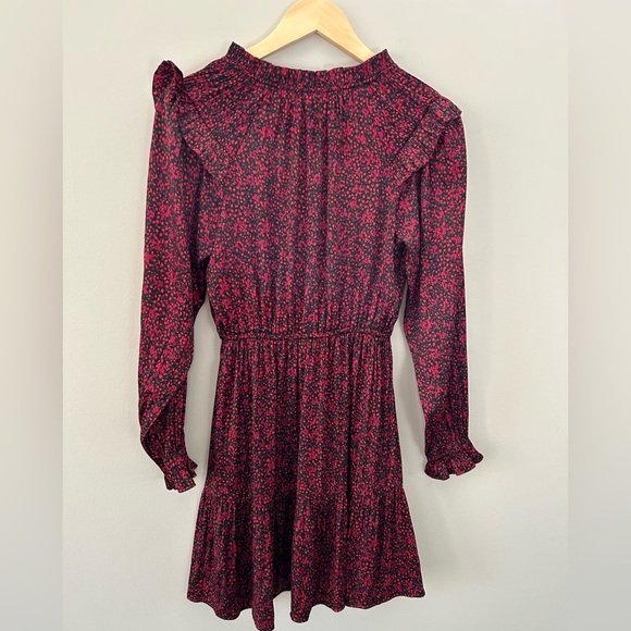 GAP Long Sleeve Tiered Burgundy Split-Neck CottegeCore Satin Mini Dress - Picture 3 of 4